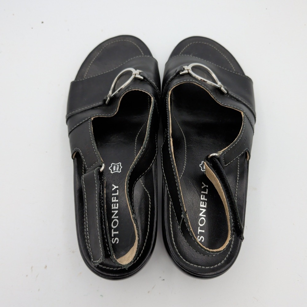 Stonefly Womens Black Leather Slingback Wedge Sandals Silver Ring EU 38 US 7.5-8 - Picture 6 of 8